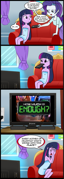 Size: 714x2000 | Tagged: safe, artist:madmax, derpibooru import, edit, rarity, twilight sparkle, equestria girls, comic, exploitable, exploitable meme, game show, how much is enough?, meme, obligatory pony, remote, sony, television, tv meme, what's wrong with this place