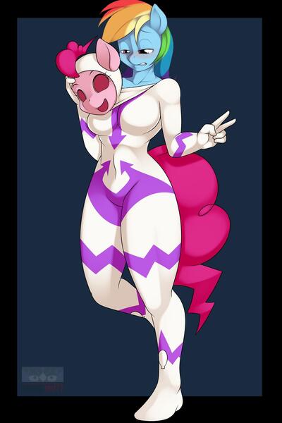 Size: 1280x1920 | Tagged: anthro, artist:kloudmutt, artist:krautalicornss, blushing, breasts, busty pinkie pie, busty rainbow dash, derpibooru import, edit, female, fili-second, mask, masking, pinkie pie, pinkie pie suit, pinkie suit, ponyrumi, power ponies, power ponies (episode), rainbow dash, solo, suggestive, wat