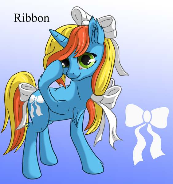 Size: 1500x1600 | Tagged: safe, artist:starbat, derpibooru import, ribbon (g1), pony, unicorn, blue background, bow, chest fluff, cutie mark, g1, gradient background, hair bow, hoof on head, ribbon, simple background, solo, tail bow