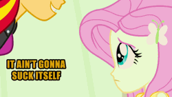 Size: 700x394 | Tagged: grimdark, suggestive, derpibooru import, edit, edited screencap, screencap, fluttershy, sunset shimmer, equestria girls, equestria girls (movie), animated, bedroom eyes, caption, female, forced, frown, grin, gritted teeth, implied blowjob, implied futa, implied oral, implied sex, it ain't gonna suck itself, lesbian, out of context, rape, sex, smiling, talking, tongue out, we are going to hell, wide eyes
