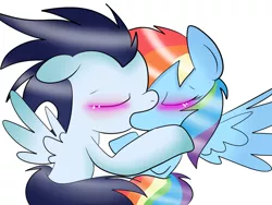 Size: 1024x768 | Tagged: safe, artist:mylittlepony651, derpibooru import, rainbow dash, soarin', blushing, female, kissing, male, shipping, soarindash, straight