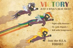 Size: 1024x683 | Tagged: artist:mufflesthesheep, clothes, costume, derpibooru import, fallout equestria, flying, poster, rainbow dash, safe, shadowbolt dash, shadowbolts, shadowbolts costume, soarin', spitfire, wonderbolts