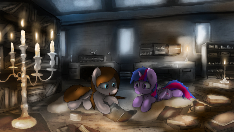 Size: 2560x1440 | Tagged: safe, artist:fuzzyfox11, derpibooru import, twilight sparkle, twilight sparkle (alicorn), oc, oc:janice, alicorn, pony, book, candle, female, mare