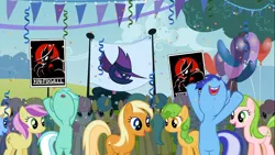 Size: 1366x768 | Tagged: safe, derpibooru import, screencap, apple cider (character), apple cobbler, derpy hooves, dizzy twister, lavender fritter, lemon hearts, lyra heartstrings, minuette, orange swirl, perfect pie, rainbowshine, red gala, sunshower raindrops, twinkleshine, pegasus, pony, the mysterious mare do well, apple family member, female, mare, written equestrian