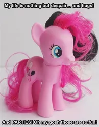 Size: 514x661 | Tagged: alternate hairstyle, brushable, caption, derpibooru import, goth, gothic pinkie, image macro, irl, meme, official, photo, pinkie pie, pinkie pie's boutique, safe, text, toy