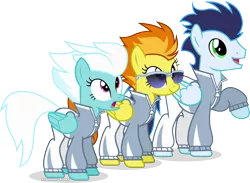 Size: 3856x2820 | Tagged: artist:vector-brony, derpibooru import, fleetfoot, rainbow falls, safe, simple background, soarin', spitfire, sunglasses, transparent background, vector, warmup suit