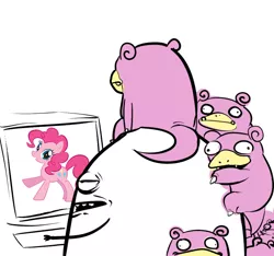 Size: 632x592 | Tagged: artist:shwigityshwonshwei, brony, computer, derpibooru import, edit, pinkie pie, pokémon, reaction image, safe, slowpoke, slowpoke (pokémon), stock vector