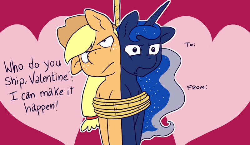 Size: 1509x875 | Tagged: applejack, applejack the anti-shipper, artist:pixel-prism, bondage, card, derpibooru import, female, holiday, lesbian, lunajack, princess luna, rope, safe, shipper on deck, shipping, twilight sparkle's secret shipfic folder, valentine, valentine's day