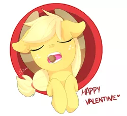 Size: 1280x1165 | Tagged: applejack, artist:sion, chocolate, derpibooru import, eyes closed, floppy ears, food, holiday, mouth hold, open mouth, safe, solo, valentine's day