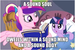 Size: 1024x683 | Tagged: safe, deleted from derpibooru, derpibooru import, princess cadance, twilight sparkle, alicorn, pony, unicorn, bed, bedtime, bedtime story, blanket, book, cadance's bedtime stories, duo, exploitable meme, female, filly, filly twilight sparkle, looking up, meme, open mouth, reading, soul eater, storybook, text, younger