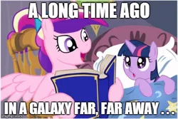 Size: 480x320 | Tagged: safe, deleted from derpibooru, derpibooru import, princess cadance, twilight sparkle, alicorn, pony, unicorn, bed, bedtime story, book, cadance's bedtime stories, caption, duo, exploitable meme, female, filly, horn, image macro, looking up, meme, open mouth, pillow, reading, star wars, storybook, text, weird al thread, younger