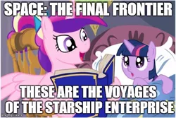 Size: 480x320 | Tagged: safe, deleted from derpibooru, derpibooru import, princess cadance, twilight sparkle, alicorn, pony, unicorn, bed, bedtime story, book, cadance's bedtime stories, caption, duo, exploitable meme, female, filly, horn, image macro, looking up, meme, open mouth, pillow, reading, star trek, star trek (tos), storybook, text, younger