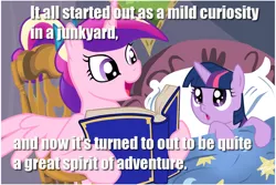 Size: 1024x683 | Tagged: safe, deleted from derpibooru, derpibooru import, princess cadance, twilight sparkle, alicorn, pony, unicorn, bed, bedtime story, book, cadance's bedtime stories, doctor who, duo, exploitable meme, female, filly, first doctor, looking up, meme, the sensorites, younger