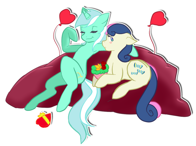 Size: 1083x805 | Tagged: safe, artist:asikku, derpibooru import, bon bon, lyra heartstrings, sweetie drops, balloon, blushing, female, holiday, lesbian, lyrabon, meme, shipping, sitting, sitting lyra, valentine's day