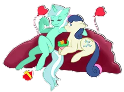 Size: 1083x805 | Tagged: safe, artist:asikku, derpibooru import, bon bon, lyra heartstrings, sweetie drops, balloon, blushing, female, holiday, lesbian, lyrabon, meme, shipping, sitting, sitting lyra, valentine's day