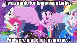 Size: 720x405 | Tagged: safe, derpibooru import, applejack, fluttershy, pinkie pie, rainbow dash, rarity, twilight sparkle, equestria girls, rainbow rocks, i was made for loving you, kiss (band), lyrics, meme, music, musical instrument, song reference, text