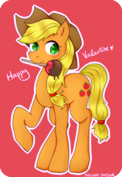 Size: 416x600 | Tagged: apple, applejack, artist:divided-s, caramel apple (food), caramel flavouring, derpibooru import, food, holiday, mouth hold, raised hoof, safe, solo, valentine's day