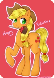 Size: 416x600 | Tagged: apple, applejack, artist:divided-s, caramel apple (food), caramel flavouring, derpibooru import, food, holiday, mouth hold, raised hoof, safe, solo, valentine's day