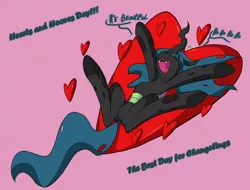 Size: 1500x1142 | Tagged: safe, artist:srmario, derpibooru import, queen chrysalis, changeling, eyes closed, happy, heart, hearts and hooves day, holiday, image, laughing, nose in the air, png, sliding, solo, valentine's day