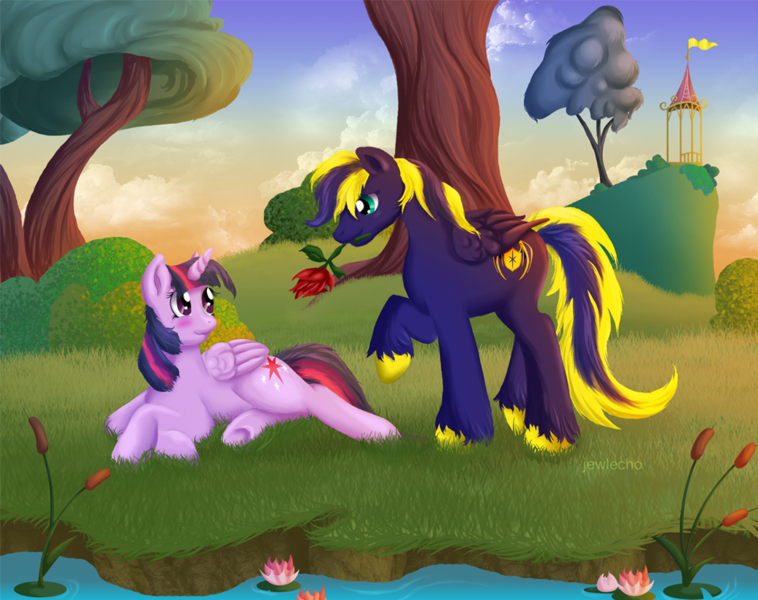 Size: 1036x820 | Tagged: safe, artist:jewlecho, derpibooru import, twilight sparkle, twilight sparkle (alicorn), oc, oc:zephyr, alicorn, pony, blushing, canon x oc, female, flower, mare, rose, twiphyr