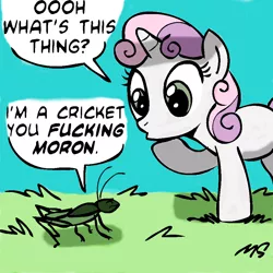 Size: 945x945 | Tagged: safe, artist:digitalpheonix, artist:megasweet, derpibooru import, sweetie belle, insect, pony, unicorn, animal, colored, cricket (insect), dialogue, female, filly, grass, retsupurae, solo, sweetie fail, sweetiedumb, vulgar