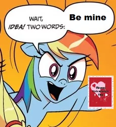 Size: 334x364 | Tagged: bronybait, derpibooru import, exploitable meme, hearts and hooves day, holiday, meme, obligatory pony, rainbow dash, safe, special somepony, two words meme, valentine, valentine's day