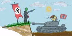 Size: 355x177 | Tagged: balkenkreuz, banner, clothes, derpibooru import, flag, hill, human, mud, nazi, oc, oc:anon, safe, salute, swastika, tank (vehicle), uniform, unofficial characters only