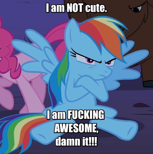 Size: 643x645 | Tagged: safe, derpibooru import, edit, chief thunderhooves, pinkie pie, rainbow dash, caption, crossed hooves, cute, dashabetes, denial, frown, glare, grumpy, i'm not cute, image macro, meme, sitting, spread wings, sulking, text, tsunderainbow, tsundere, vulgar, wings