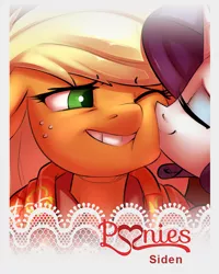 Size: 640x800 | Tagged: safe, artist:siden, derpibooru import, applejack, rarity, female, kissing, lesbian, p<3nies, rarijack, shipping