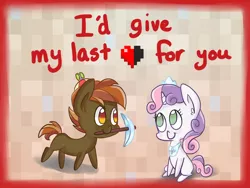Size: 1024x768 | Tagged: artist:scarletts-fever, buttonbetes, button mash, cute, derpibooru import, diasweetes, don't mine at night, female, hearts and hooves day, holiday, male, minecraft, safe, shipping, straight, sweetie belle, sweetiemash, valentine, valentine's day