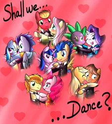 Size: 1024x1132 | Tagged: safe, artist:voltictail, derpibooru import, applejack, big macintosh, braeburn, caramel, flash sentry, fluttershy, pinkie pie, rainbow dash, rarity, soarin', spike, twilight sparkle, twilight sparkle (alicorn), alicorn, pony, blushing, braepie, carajack, caramel is awesome, cheongsam, clothes, dancing, female, flashlight, fluttermac, male, mane seven, mane six, mare, romantic, shipping, soarindash, sparity, straight