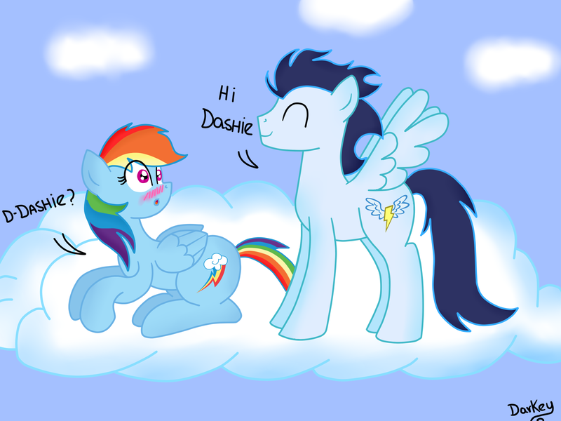 Size: 1600x1200 | Tagged: safe, artist:darkynez, derpibooru import, rainbow dash, soarin', backwards cutie mark, blushing, cloud, cloudy, female, male, old cutie mark, shipping, sky, soarindash, straight, surprised, text