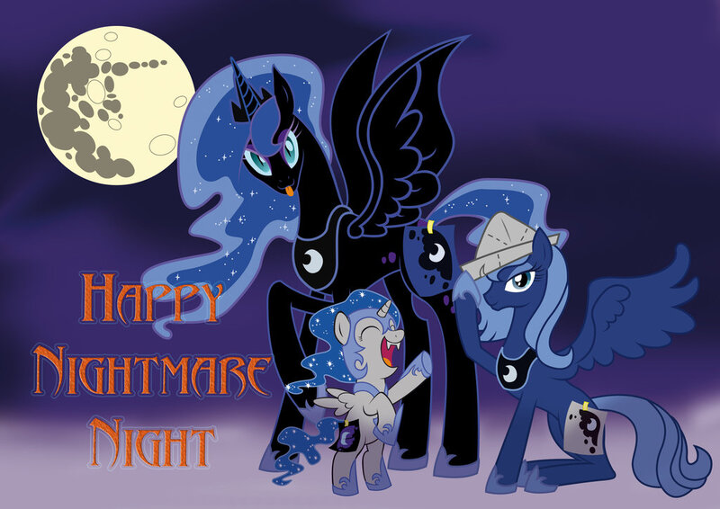 Size: 1024x724 | Tagged: safe, artist:megablack0x, derpibooru import, nightmare moon, princess luna, moonstuck, accessory swap, cartographer's cap, cute, female, filly, halloween, happy halloween, hat, holiday, image, jpeg, lunar trinity, mane swap, mlem, multeity, nightmare mlem, nightmare night, nightmare woon, raised hoof, s1 luna, tongue out, triality, woona, younger