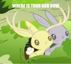 Size: 356x318 | Tagged: animal, caption, derpibooru import, duo, filli vanilli, image macro, jackalope, meme, meta, rabbit, reaction image, safe, screencap, text, where is your god now?