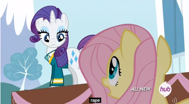 Size: 853x469 | Tagged: all new, caption, derpibooru import, edit, edited screencap, filli vanilli, fluttershy, grimdark, hub logo, meme, >rape, rape, rarity, screencap, sex, suggestive, text, youtube caption