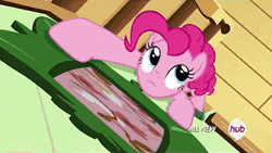 Size: 576x324 | Tagged: all new, animated, climbing, derpibooru import, filli vanilli, fluttershy's cottage, frown, glare, high angle, how, hubble, hub logo, in which pinkie pie forgets how to gravity, open mouth, pinkie being pinkie, pinkie physics, pinkie pie, safe, screencap, solo, spidermare, talking, text, the hub, wall climbing, wide eyes