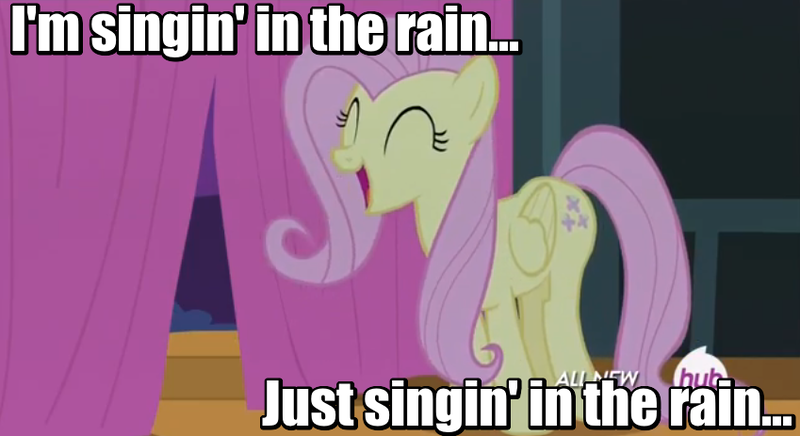 Size: 849x463 | Tagged: caption, comparison, derpibooru import, filli vanilli, flutterguy, fluttershy, image macro, meme, safe, screencap, singing, singin' in the rain, solo, text, youtube link