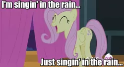 Size: 849x463 | Tagged: caption, comparison, derpibooru import, filli vanilli, flutterguy, fluttershy, image macro, meme, safe, screencap, singing, singin' in the rain, solo, text, youtube link