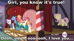 Size: 960x540 | Tagged: safe, derpibooru import, screencap, big macintosh, fluttershy, rarity, toe-tapper, torch song, earth pony, pony, filli vanilli, caption, girl you know it's true, hub logo, image macro, male, meme, milli vanilli, ponytones, song reference, stallion, text