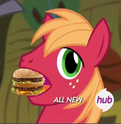 Size: 402x411 | Tagged: safe, derpibooru import, big macintosh, earth pony, pony, filli vanilli, big mac (burger), big mac's big mouth, burger, exploitable meme, food, hamburger, hub logo, male, mcdonald's, meat, meme, ponies eating meat, solo, stallion