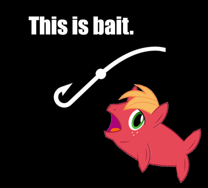 Size: 663x599 | Tagged: bait, big macintosh, big mackerel, big mac's big mouth, derpibooru import, exploitable meme, filli vanilli, maybe salmon, meme, reaction image, safe, solo, species swap, this is bait