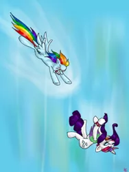 Size: 510x678 | Tagged: artist:mcwhale4, derpibooru import, falling, rainbow dash, rarity, safe, scene interpretation, sonic rainboom (episode)