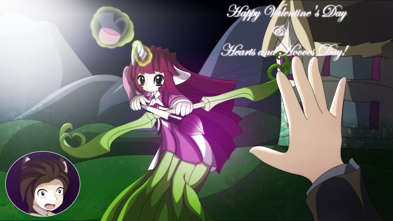 Size: 3840x2160 | Tagged: arrow, artist:an-m, bow and arrow, bow (weapon), crescent pony, derpibooru import, eared humanization, hearts and hooves day, holiday, horn, horned humanization, human, humanized, light skin, love poison, love potion, lovestruck, mane moon, one sided shipping, safe, valentine's day, weapon