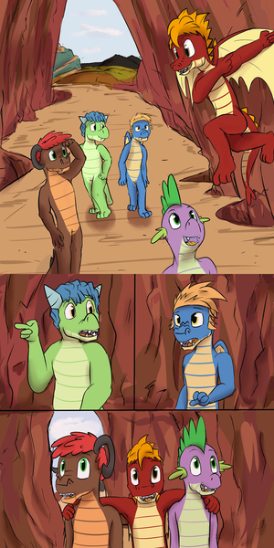 Size: 1280x2560 | Tagged: artist:fuzebox, comic, derpibooru import, dragon, flying, oc, oc:magma, oc:mangle, oc:sharp, oc:snort, safe, semi-anthro, spike's journey, teenaged dragon, tumblr, unofficial characters only