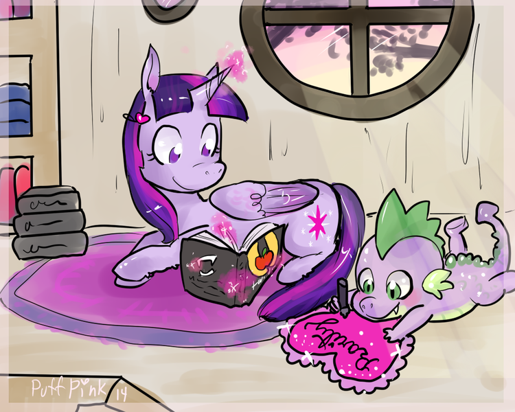 Size: 1000x800 | Tagged: safe, artist:puffpink, derpibooru import, spike, twilight sparkle, twilight sparkle (alicorn), alicorn, pony, book, female, magic, mare, twilight (series)