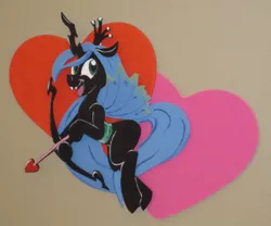 Size: 500x415 | Tagged: arrow, artist:trollie trollenberg, bow and arrow, bow (weapon), cupid, derpibooru import, heart, photo, queen chrysalis, safe, solo, traditional art, weapon