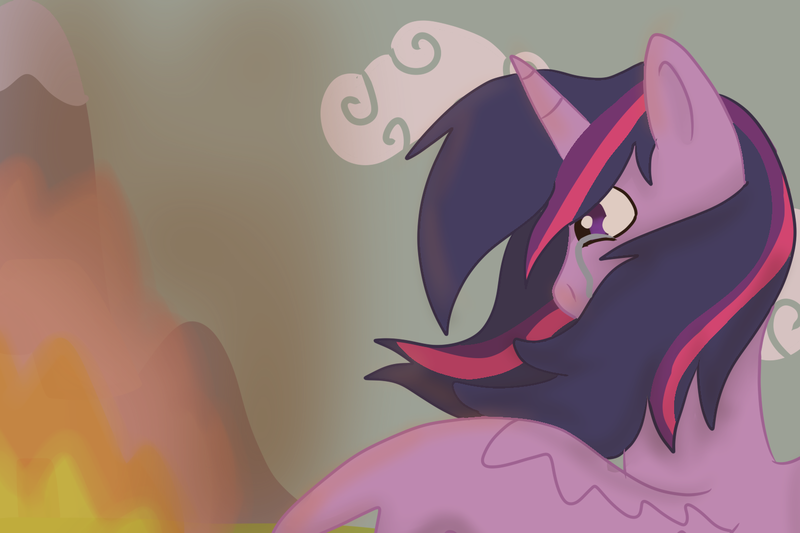 Size: 1500x1000 | Tagged: safe, artist:creeperoxx, derpibooru import, twilight sparkle, twilight sparkle (alicorn), alicorn, pony, crying, female, fire, mare, ponyville, sad, solo