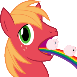 Size: 900x900 | Tagged: safe, derpibooru import, big macintosh, oc, oc:fluffle puff, earth pony, pony, filli vanilli, animated, big mac's big mouth, exploitable meme, male, meme, pink fluffy unicorns dancing on rainbows, puking rainbows, stallion, vomiting
