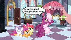 Size: 1280x720 | Tagged: apple bloom, chat bubble, cheerilee, cutie mark crusaders, derpibooru import, drugs, edit, fuck i'm high, high, marijuana, meme, safe, scootaloo, stoned, sweetie belle, vulgar