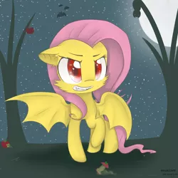 Size: 2300x2300 | Tagged: safe, artist:meotashie, derpibooru import, fluttershy, bat pony, bats!, apple, bat ponified, flutterbat, food, moon, race swap, solo